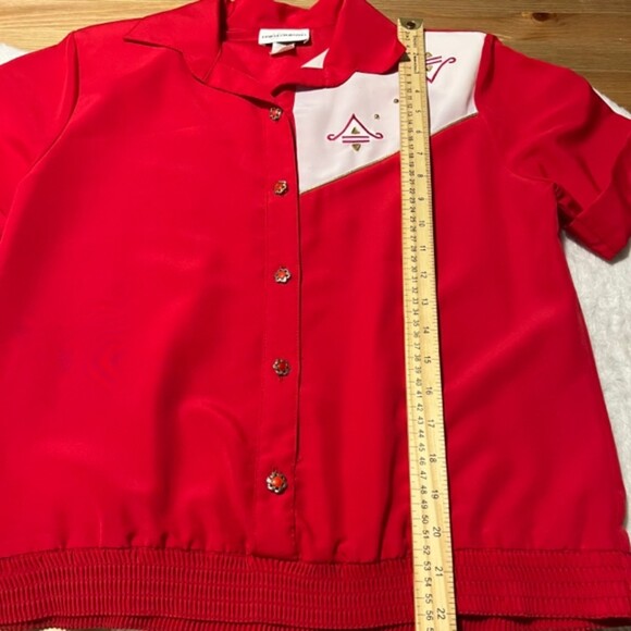 VTG ERIN LONDON Red Button Up Ribbed Hem Short Sleeve Top Size Sm P - Picture 8 of 11
